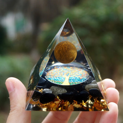 Gold Tiger Eye Crystal Meaning: Tiger Eye Crystal Sphere & Obsidian Quartz Orgone Pyramid for Reiki Energy Healing