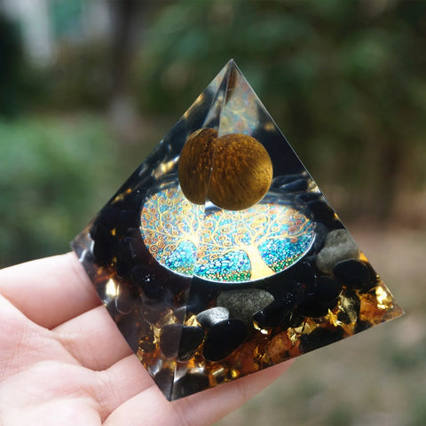 Gold Tiger Eye Crystal Meaning: Tiger Eye Crystal Sphere & Obsidian Quartz Orgone Pyramid for Reiki Energy Healing