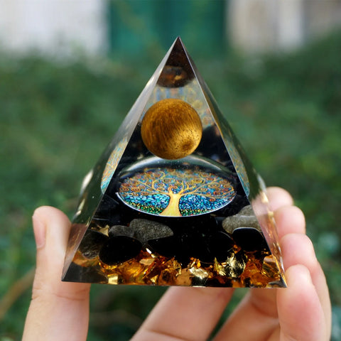 Gold Tiger Eye Crystal Meaning: Tiger Eye Crystal Sphere & Obsidian Quartz Orgone Pyramid for Reiki Energy Healing